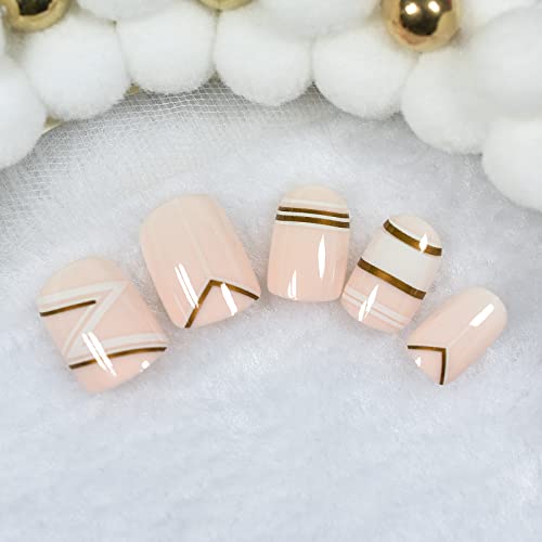 Okrugli kratki dnevni unaprijed dizajnirani lažni nokti nude ružičasti s dubokom zlatnom linijom pritisnite na lažnim noktima