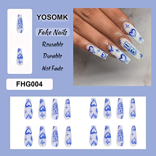 Yosomk Long Press na noktima plavo srce Slatki lažni nokti s dizajnom sjajne lažne nokte za žene djevojke zalijepite na nokte