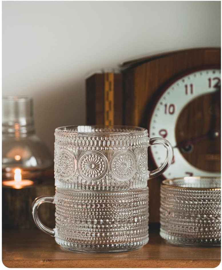 AMZCKU Vintage šalice čaja za kavu, staklene šalice s žlicom i podmetačima od 14 oz jelira od 2 reljefne staklene posude