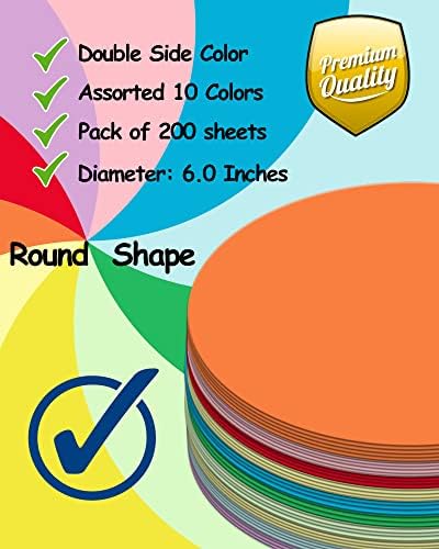 Krugovi od građevinskog papira u različitim bojama 6 inča, Zanatski papir u boji 200 listova za dječju umjetnost i obrt,
