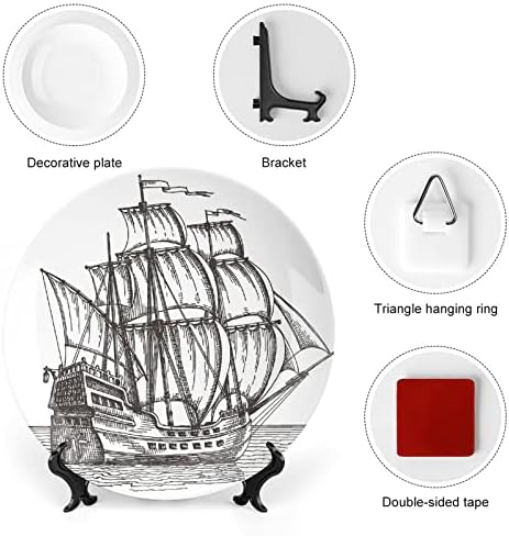Xisunya 6 -inčni ukrasni tanjur, gusarski brod okrugli porculan, stari retro brod koji pluta na vodi skica umjetnički ispis