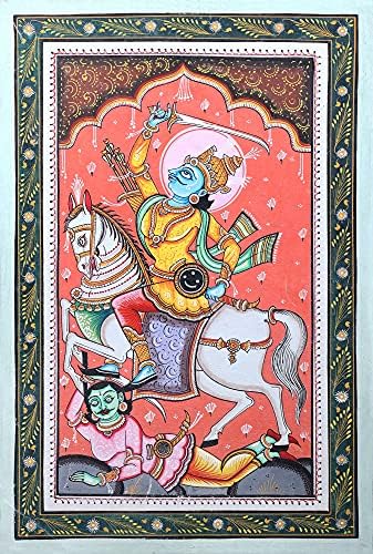 Egzotična Indija Lord Kalki - razarač zla u Kalyuga - slika vodene boje na Patti narodnoj umjetnosti iz hrama t