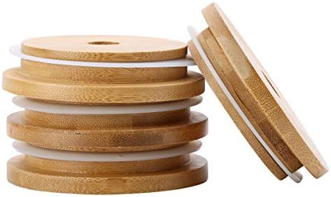 Poklopci za staklenke od 4 komada za višekratnu upotrebu drveni poklopci od bambusa poklopci s rupom za slamku i silikonskim