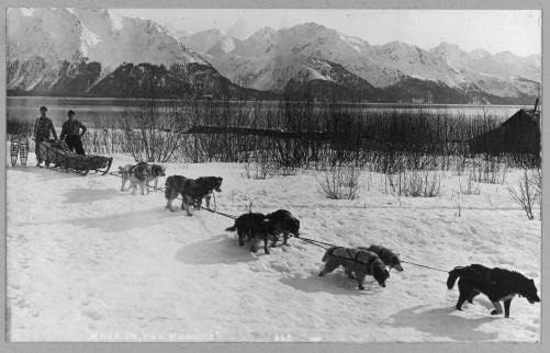 PovijesneFindings Photo: Pas tim, Huskiji, muškarci u snježnim cipelama, planine, jezero, Aljaska, AK, 1900-1930, sankanje