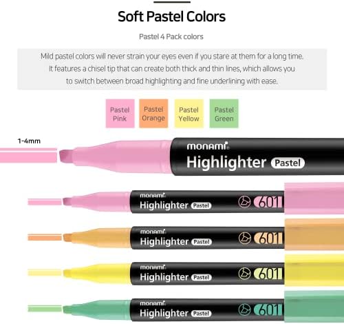 Monami Highlighter 601 pastel, dlijetovi, otporan na blijed, pastelna tinta Highlighters, razne boje, 4-pack