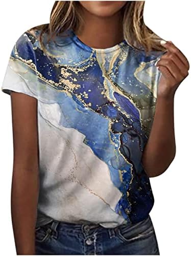 Ženska majica kratkih rukava 2023., Okrugli vrat čamca, pamučna bluza s grafičkim mramornim printom za marendu, majica za
