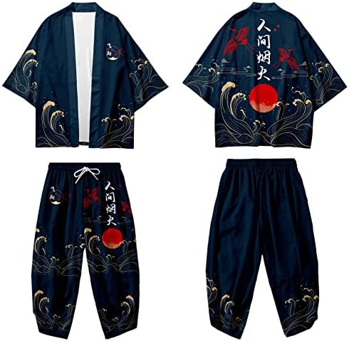 Muški set japanske kimono jakne, moderan kaput s otvorenim prednjim dijelom i kratkim hlačama, kardigan odijela s printom