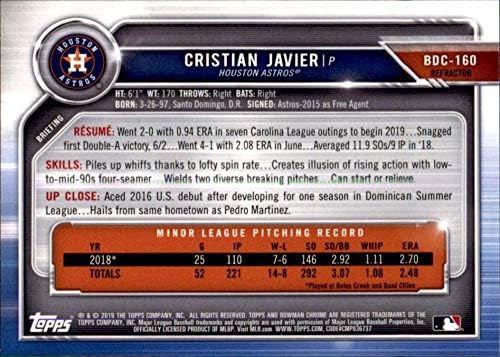 2019. Bowman Chrome nacrt refraktora BDC-160 Cristian Javier RC Rookie Houston Astros MLB Trading Card