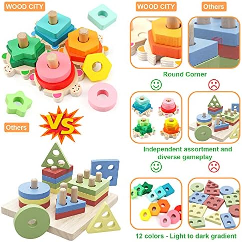 Igračke za slaganje Wood Cityja za malu djecu 1-3, Montessori oblik Sorter Baby Toys 12-18 mjeseci, drveni blok obrazovne