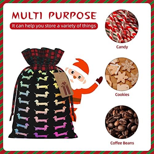 Slatke božićne poklon vrećice s vezicama-jazavčari-šarene torbe s vezicama u kariranim paketima za zabave