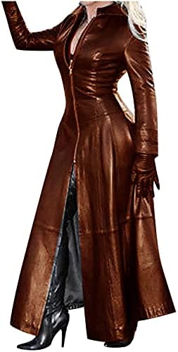 Žene pu kožni kaput dugačka jakna, lažna kožna dugih rukava s dugim rukavima nadmašuju vjetrovito vodootporni jesenski kardigan