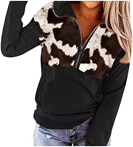 & Ženski pulover s patentnim zatvaračem s kravljim printom s kapuljačom jakna s reverom dugih rukava gornji dio casual labavi