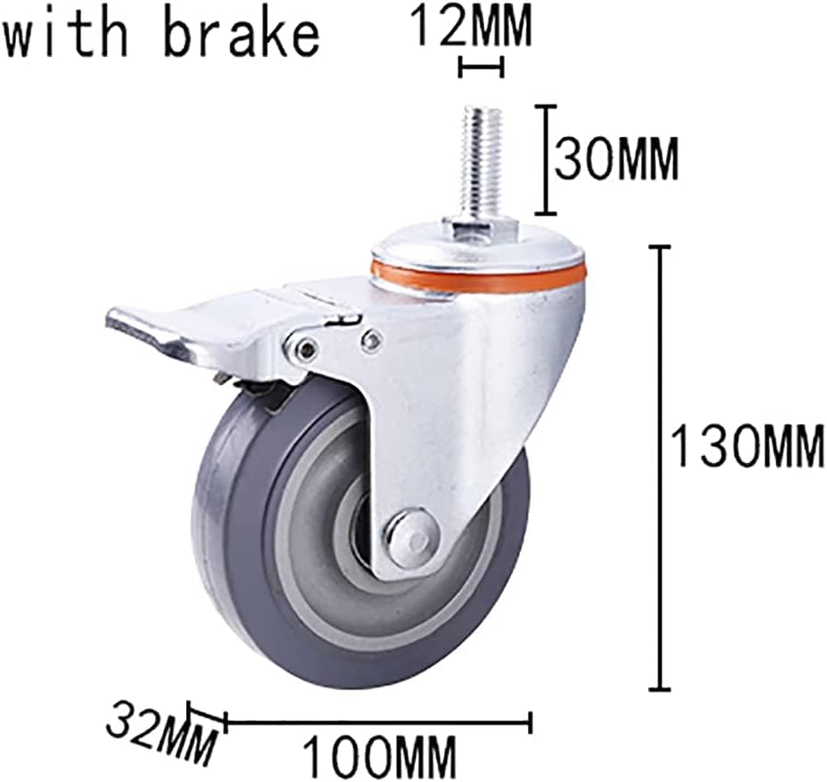 Nianxinn kotačići kotači gumeni okretni kotač M12 STEM WHEELS TEAGHED 100 mm s kočnicama, okretnim kotačima za namještaj,