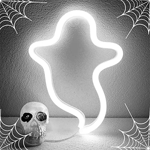 Yayfazy Cool White Ghost Halloween Neon potpisuje svjetla gotički dekor ružičasta soba zidna dekor ili USB pogon za dom,