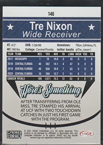 2021. Sage Hit Premier Nacrt Gold 146 Tre Nixon Pre-Rookie NCAA nogometna trgovačka karta u sirovom stanju