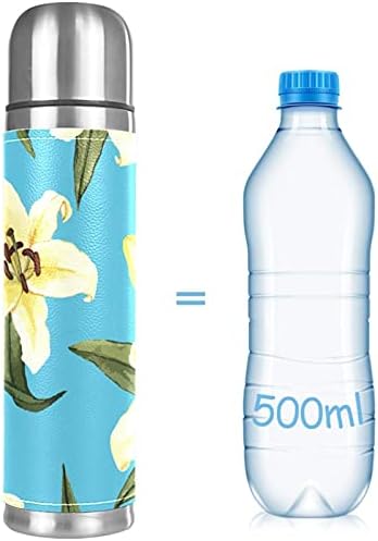 Vakuum od nehrđajućeg čelika, izolirana šalica, ručno nacrtana ljiljana cvijeća plava pozadina tiskana termos boca za vodu