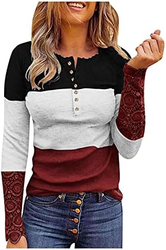 Henley košulja ženska čipkasta modna majica s dugim rukavima O-Neck tunika prednja gumba Žene visoke majice pamuka