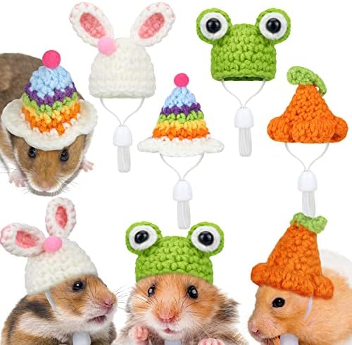 4 komada Hatster Hat Mini male životinje šešir s podesivim remenom Lijepa ručna pletena žaba Rainbow mrkva sićušni šeširi