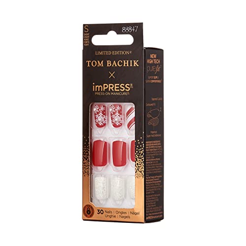 KISS TOM BACHIK X Impressing Press-On Manicure Kit za nokte, stil Candy Couture kratki kvadratni crveni nokti za prešanje,
