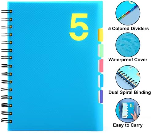 Cagie Spiral Notebook 5x7 s razdjelnicima 5 predmetne bilježnice s karticama širokim vladajućim tvrdim uvez A5 Spiral Bound