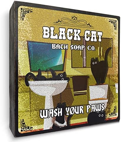 Retro kupaonica crne mačke Drvena kutija znak dekor stola znak Broj. Operite šape Drvena kutija znak Umjetnost glavna polica