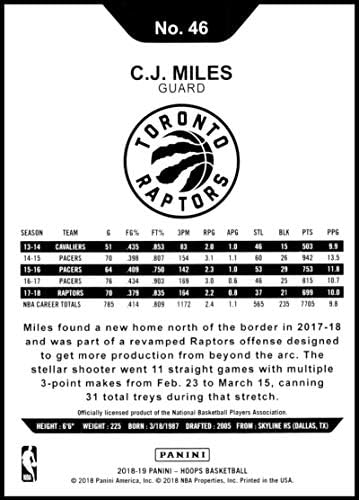 2018-19 NBA Hoops Purple 46 C. J. Miles Toronto Raptors Službena trgovačka karta koju je napravio Panini