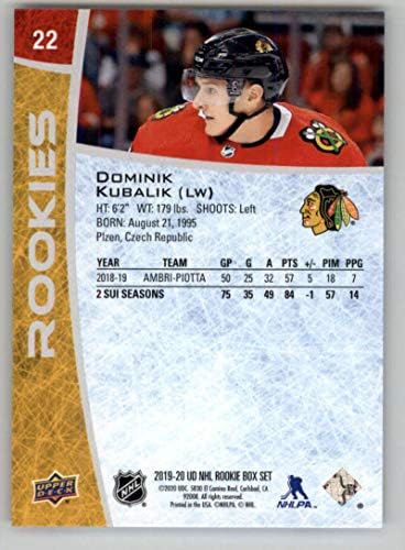2019-20 Gornja paluba NHL Rookie Box Set 22 Dominik Kubalik Chicago Blackhawks Službeni ud hokejska kartica