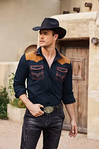 Muška kaubojska košulja u zapadnjačkom stilu s vezom dugih rukava uklopljene Ležerne hipi pamučne košulje na kopčanje s džepovima