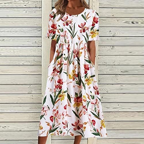 Haljine za odmor za žene, ženska ljetna modna modna tiskana kratka rukava 2022 O-Neck džepna haljina