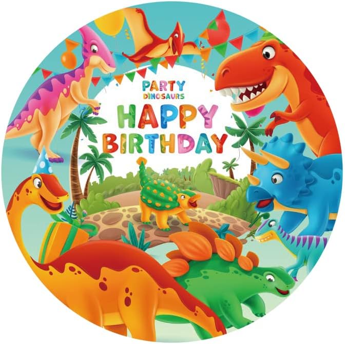 Yeele 6,5x6.5ft Crtani dinosaur Sretan rođendan okrugla pozadina Poklopac šarene dinosaure Tropske palme Fotografije Pozadina