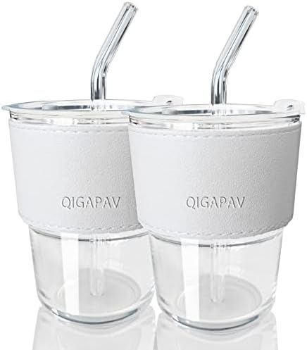 Qigapav stakleni nosač s poklopcem i staklenom slamnicom, set od 2 13 oz ledena šalica kave, debele zidne staklene šalice,