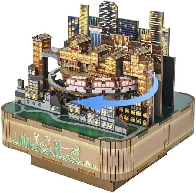 Tonecheer Kineski grad noću s pokretnim vlakom u melodiji uvijek DIY Wooden Musical Moving Box, 3D Pokloni za puzzle ukrasne