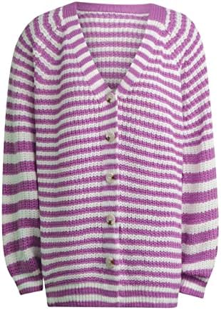 Ženski prugasti blok u boji kardigan džemperi gumb s dugim rukavima Down kardigans kaput navučen labav chunky plete