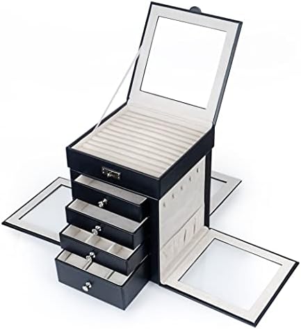 Kutija za nakit za žene, 5-slojna kožna crna kutija za nakit s dizajnom bočnih vrata, veliki kapacitet za pohranu nakita,