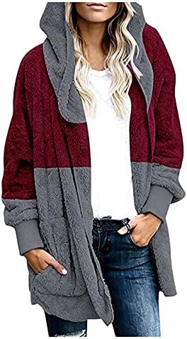 Labava kapuljača otvorena prednja jakna za žene u boji dugih rukava blokira zimski plišani kardigan s džepovima