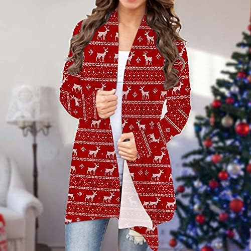 Ženski božićni kardigan zimski snježna pahulja ispis srednjeg dužine labave jakne ženski džemper kardigan otvoreni prednji