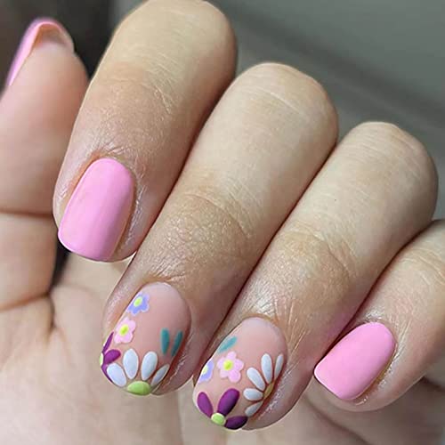 Kratki lažni nokti s cvjetnim dizajnom kvadratno ljepilo na noktima Slatki lažni nokti akrilni umjetni nokti za žene i djevojke