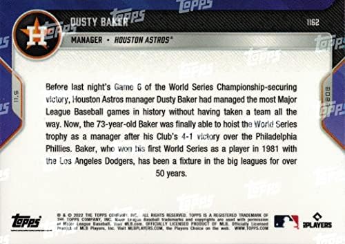 2022 Topps sada 1162 Dusty Baker Baseball Card Astros - pobjeđuje prvenstvo u 1. karijeri Svjetske serije kao menadžer