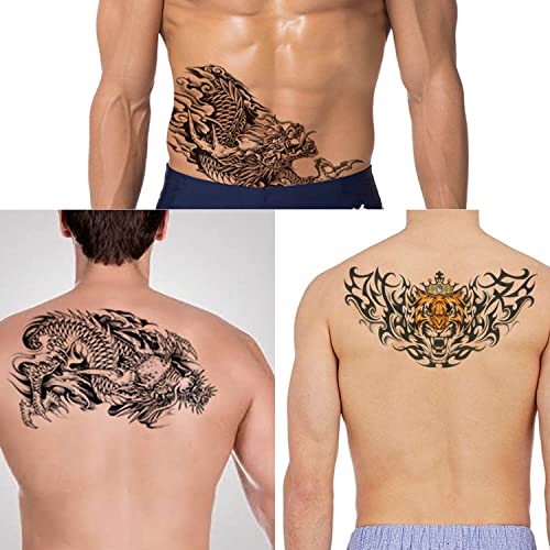 Thapor Dragon Privremena tetovaža za muškarce, 6-pakete velike realistične naljepnice za leđa u prsima, dugotrajne horizontalne