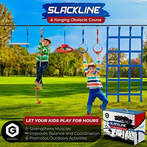 Goldbrix Kid's Ninja SlackLine 2x65 ft - podesivi tečaj za viseće prepreke za djecu, podupire 450 lb, 4,9 ft čuvar stabla,