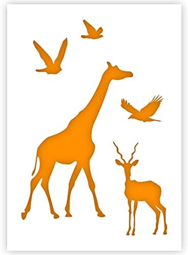 Šablona afričke životinje - žirafa, Divokoza, ptice-veličina A5-višekratna upotreba, šablona za crtanje prilagođena djeci,