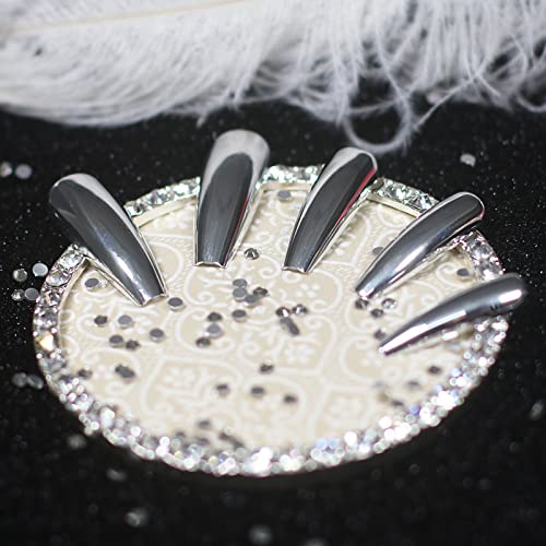 + Lažni nokti u obliku lijesa duge duljine srebrni punk metalik s unaprijed dizajniranim dizajnom za balerinu, kromirani