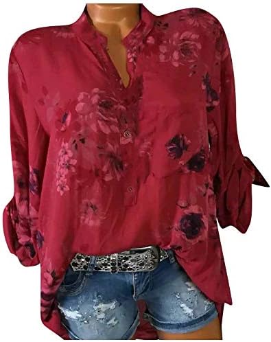 Ženski tiskani vrhovi s dugim rukavima ， modni casual cvjetni tisak gornje gumb s majica s dugim rukavima s dugim rukavima