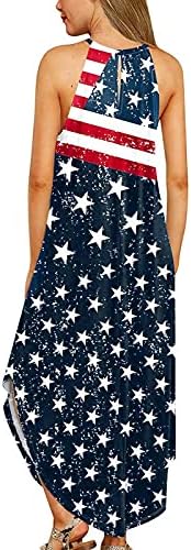 4. srpnja maksi haljine za žene, ljetna ležerna boho haljina sa zastavom SAD-a s naramenicama, sarafani bez rukava s okruglim