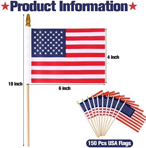150pcs USA Drvena zastava štapića, Zynery male američke zastave na štapu, 4'x6''double-bočni ručno drženi štapići sa zlatnim