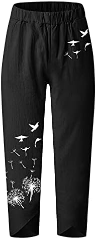 Wocachi Summer Capri hlače za žene povremeni džepni pamučni posteljina široka noga Elastični struk Crap Crod Dongs
