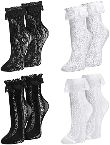 4 para ženskih čipkastih čarapa s volanima crno-bijele čarape do gležnja slatke čarape s ukrasima i volanima princeza vjenčane