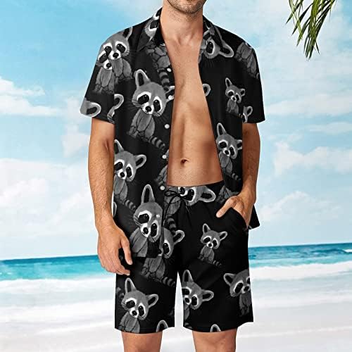 Slatki rakun muški havajski košulje s kratkim rukavima i hlače Summer Beach Outfits Loose Fit Tractionsuit
