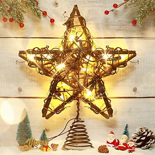 Rocinha rustikalno božićno drvce Topper Star s 15 LED svjetla Vintage Rattan božićni toppers za drveće božićno zvjezdano
