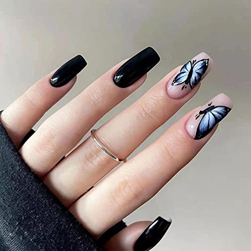 Leptir pritisnite na noktima kratki lažni nokti akrilni nokti francuski balet crni leptir sjajni dizajn lijesa za žene i